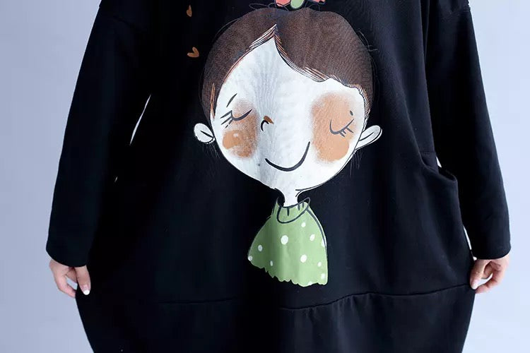 Female Cartoon Printing Cotton Plus Velvet Dresses