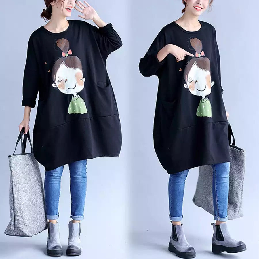 Female Cartoon Printing Cotton Plus Velvet Dresses