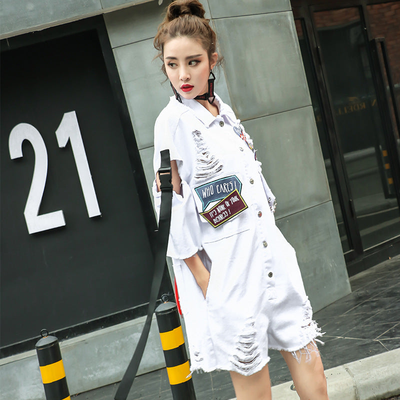 White Jean overalls women Badges Tassel Hole denim jumpsuit Casual loose jeans ribbon salopette loose playsuit