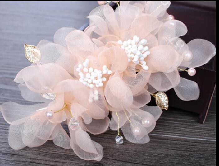 Wedding party romantic white pink voile silk flower hair pin with beads bride handmade hair jewellery bridal hair accessories