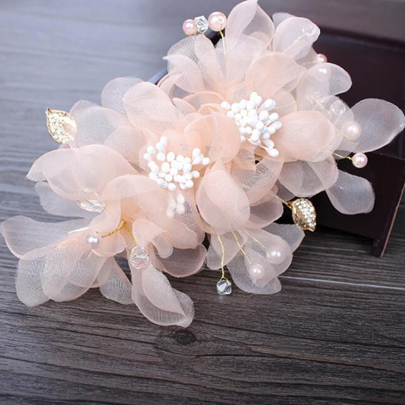 Wedding party romantic white pink voile silk flower hair pin with beads bride handmade hair jewellery bridal hair accessories