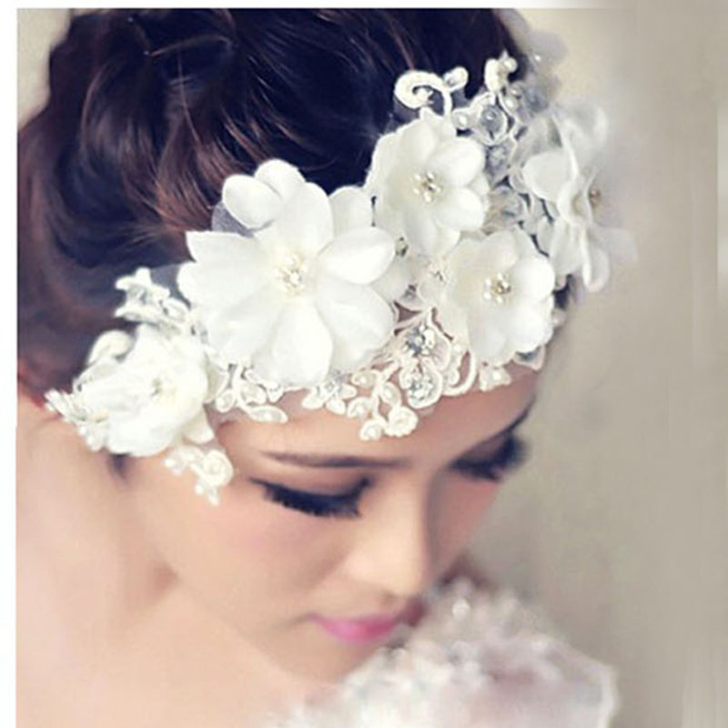 Bride Bridal White Lace Flower Headband With Rhinestone Pearl Hairband Hair Jewellery Hair Accessories