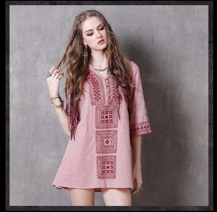 Summer Women Dress Vintage New Cotton Dresses V-Neck Jacquard Embroidery Loose Mini Vestido Feminin