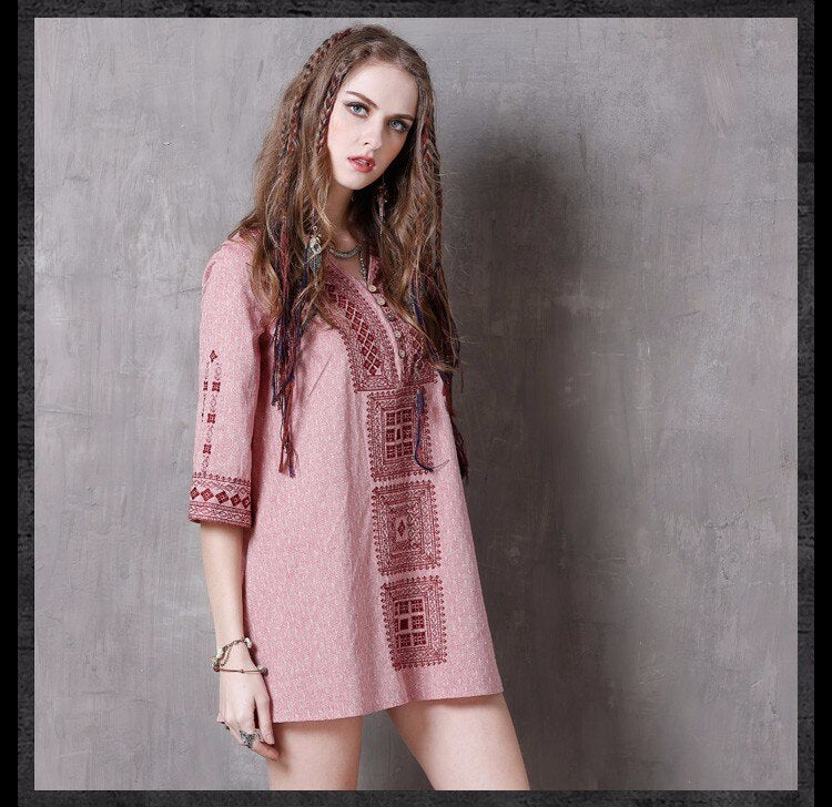 Summer Women Dress Vintage New Cotton Dresses V-Neck Jacquard Embroidery Loose Mini Vestido Feminin