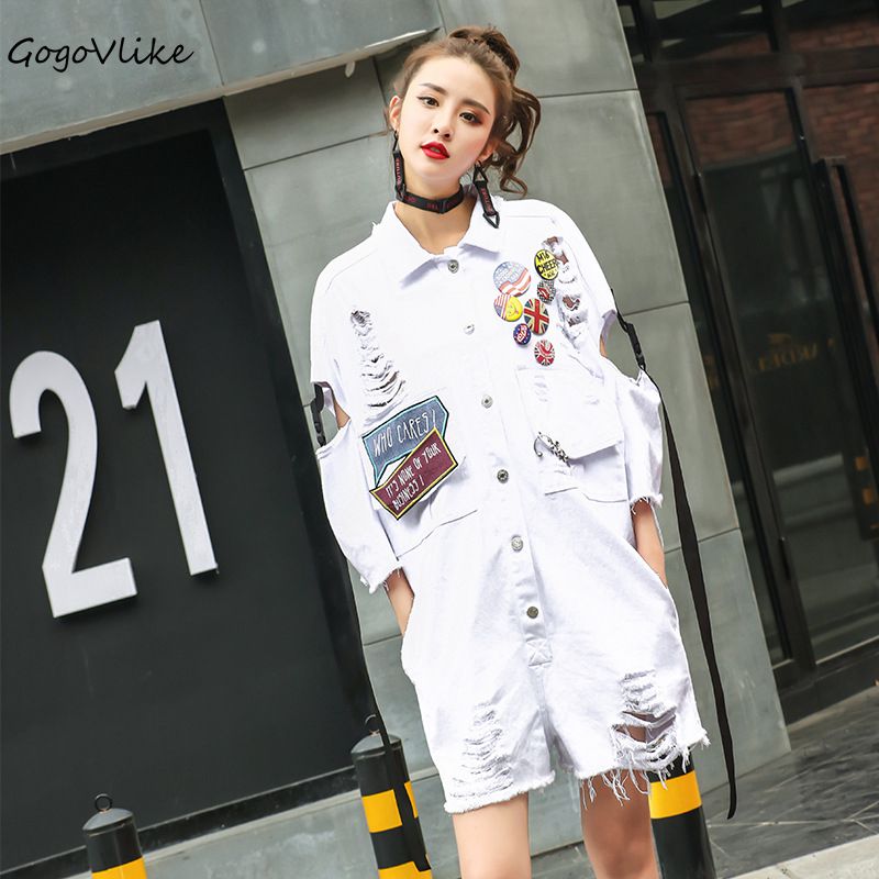 White Jean overalls women Badges Tassel Hole denim jumpsuit Casual loose jeans ribbon salopette loose playsuit