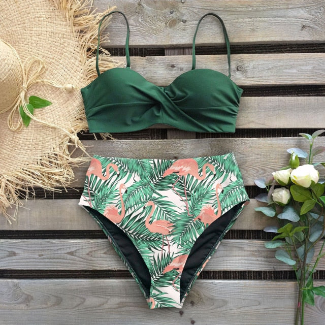 2020 Sexy Leaf Print Bikini Female Swimsuit Women Swimwear Thong Push Up Bikinis Set High Waist Swimming Suits for Bathing Suit