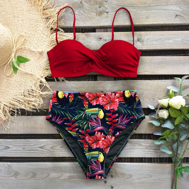 2020 Sexy Leaf Print Bikini Female Swimsuit Women Swimwear Thong Push Up Bikinis Set High Waist Swimming Suits for Bathing Suit