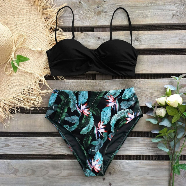 2020 Sexy Leaf Print Bikini Female Swimsuit Women Swimwear Thong Push Up Bikinis Set High Waist Swimming Suits for Bathing Suit