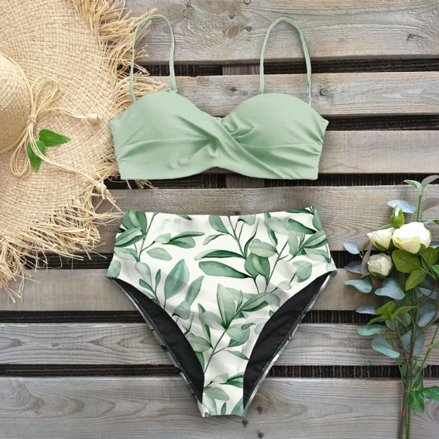 2020 Sexy Leaf Print Bikini Female Swimsuit Women Swimwear Thong Push Up Bikinis Set High Waist Swimming Suits for Bathing Suit