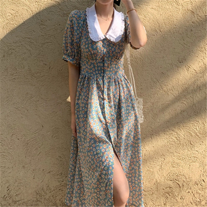 Women Chiffon Dress 2021 Summer Fashion Female Puff Sleeve Vintage Floral Print Peter Pan Collar Boho Dress Casual Vestidos