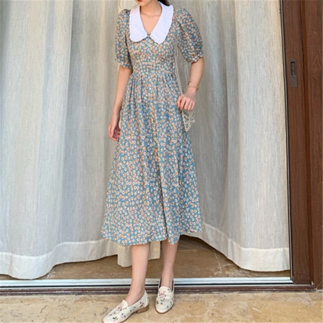 Women Chiffon Dress 2021 Summer Fashion Female Puff Sleeve Vintage Floral Print Peter Pan Collar Boho Dress Casual Vestidos