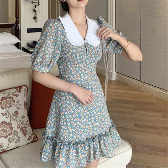 Women Chiffon Dress 2021 Summer Fashion Female Puff Sleeve Vintage Floral Print Peter Pan Collar Boho Dress Casual Vestidos