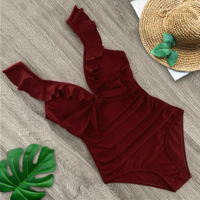 2020 Sexy New Ruffle One Piece Swimsuit Off The Shoulder Swimwear Women Swimsuit Deep-V Bathing Suits Beach Wear Swim Suit