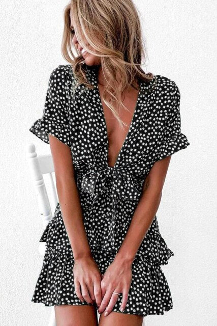 Boho Ruffled Dress Front Lace-up Knot V-Neck Beach Women Polka Dot Mini Summer