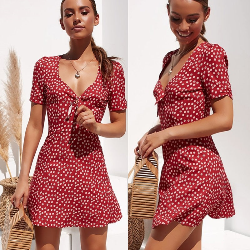 Boho Floral Mini Dress  Fashion Women Short Sleeve Wrap  Ladies Summer Holiday Party Sundress Female vestidos