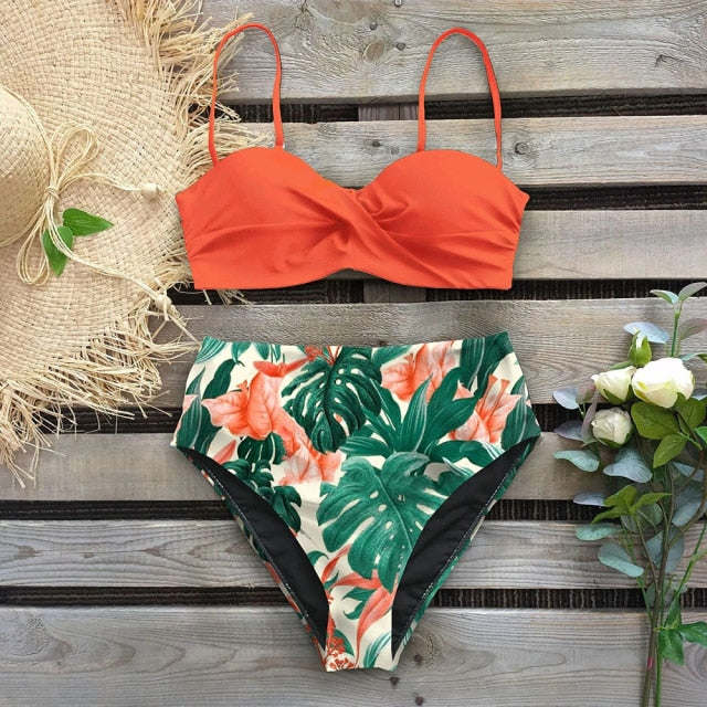 2020 Sexy Leaf Print Bikini Female Swimsuit Women Swimwear Thong Push Up Bikinis Set High Waist Swimming Suits for Bathing Suit