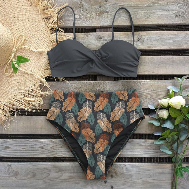 2020 Sexy Leaf Print Bikini Female Swimsuit Women Swimwear Thong Push Up Bikinis Set High Waist Swimming Suits for Bathing Suit