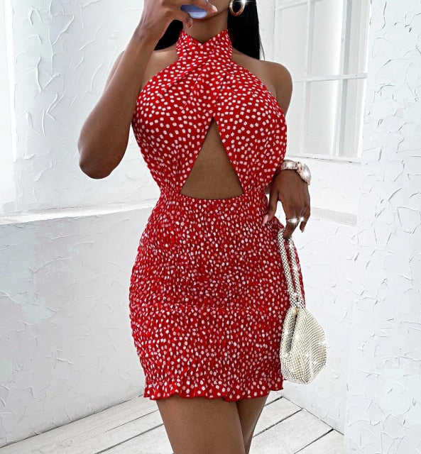 Mini Dress Body Con Women Backless Tie Up Short Wrap Sundress Women Sexy Cross Halter Mini Sheath Dress Party Ladies Cutout Front Dress