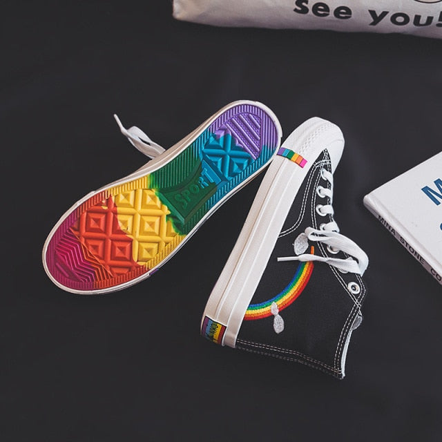 Women's Fashion 2022 Vulcanized Shoes Woman Sneakers New Rainbow Retro Canvas Shoes Flat Fashion Comfortable High Shoes Women