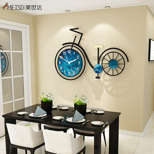 MEISD Blue Bike Designer Wall Clock Sticker Creative Watch Quartz Silent Kitchen Room Horloge Home Decor Art Free Shipping